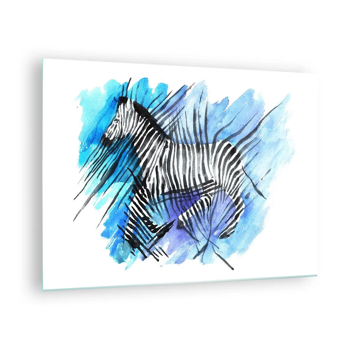 Glasbild - Bild auf glas - Ein Zebra in einer künstlerischen Aquarellkomposition vor blauem Hintergrund - 70x50cm - In Streifen versteckt - Moderne Wanddekoration für Wohnzimmer und Schlafzimmer ARTTOR