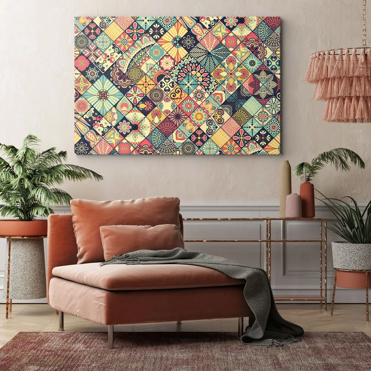Bild auf Leinwand - Leinwandbild - Bunte geometrische Muster, inspiriert vom marokkanischen Stil - 100x70cm - marokkanische Atmosphäre - Moderne Wanddekoration für Wohnzimmer und Schlafzimmer ARTTOR