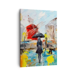 Bild auf Leinwand - Leinwandbild - Eine malerische Szene mit einem Regenschirm vor der Kulisse von Paris in leuchtenden Farben. - 50x70cm - Pariser Legenden - Moderne Wanddekoration für Wohnzimmer und Schlafzimmer ARTTOR