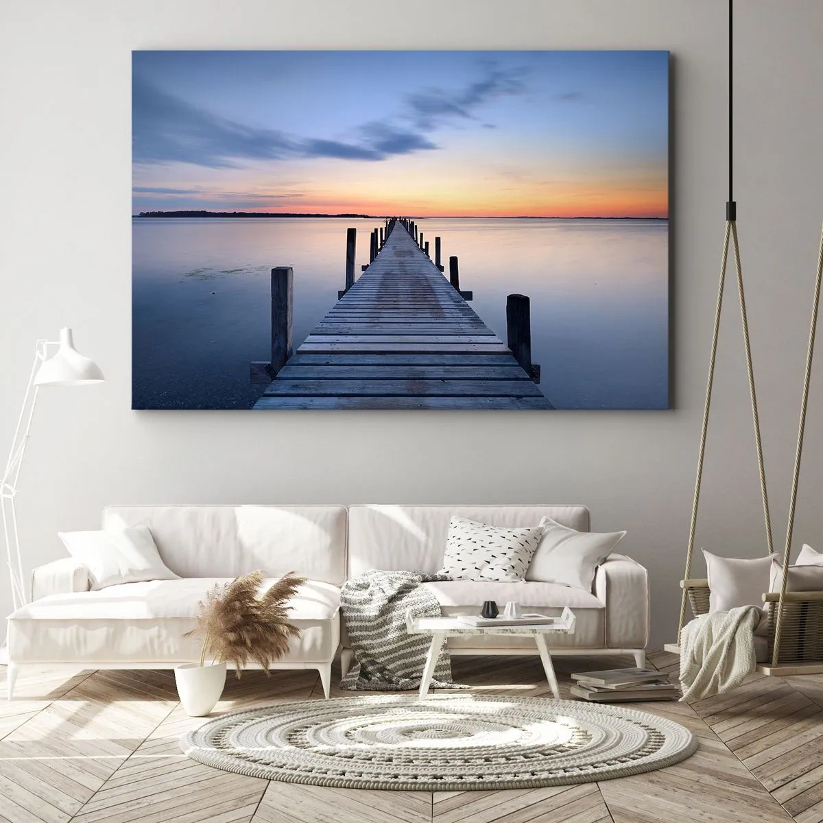 Bild auf Leinwand - Leinwandbild - Holzsteg am See bei Sonnenuntergang - 70x50cm - Die Ruhe einer heiteren Dämmerung - Moderne Wanddekoration für Wohnzimmer und Schlafzimmer ARTTOR