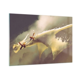 Glasbild - Bild auf glas - Eine Figur auf dem Rücken eines weißen Drachen in einer nebligen Landschaft - 100x70cm - Die Welt zur Rettung - Moderne Wanddekoration für Wohnzimmer und Schlafzimmer ARTTOR