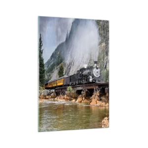 Glasbild - Bild auf glas - Eine Dampflokomotive auf einer Brücke in einer malerischen Berglandschaft - 70x100cm - Wo willst du hin? Wohin? - Moderne Wanddekoration für Wohnzimmer und Schlafzimmer ARTTOR