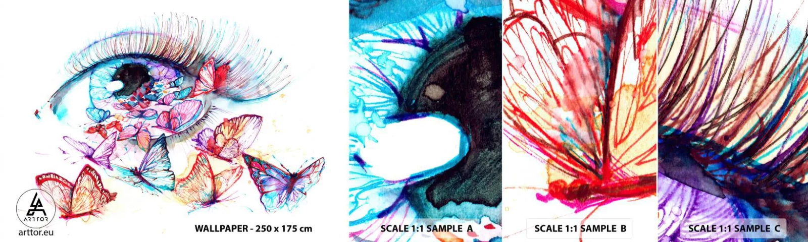 Fototapeten Muster Selbstklebend Deluxe Sticker - Märchenhafter Augenzauber - Das Auge der Frau, Schmetterling, Abstraktion - 100x30 cm