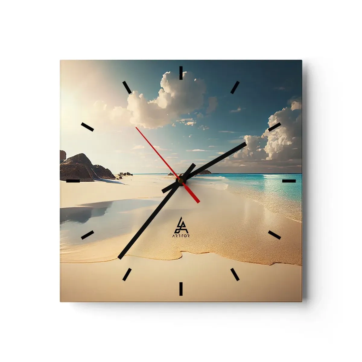 Wanduhr - Glasuhr - Ein sonniger Strand mit blauem Meer und Felsen - 30x30cm - Erträumter Tag - Moderne Wanddekoration für Wohnzimmer und Schlafzimmer ARTTOR