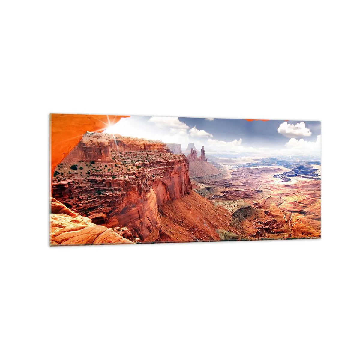 Glasbild - Bild auf glas - Canyon durch ein Felsfenster mit warmen Felstönen gesehen - 120x50cm - Von der Natur selbst geschnitzt - Moderne Wanddekoration für Wohnzimmer und Schlafzimmer ARTTOR