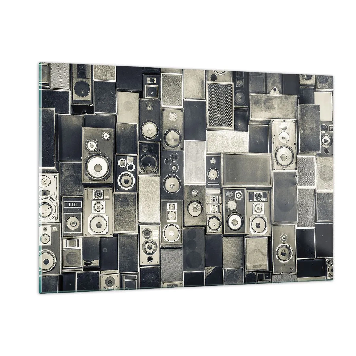 Glasbild - Bild auf glas - Eine Komposition aus Retro-Lautsprechern in Grautönen - 120x80cm - Und es ist alles in Ordnung - Moderne Wanddekoration für Wohnzimmer und Schlafzimmer ARTTOR