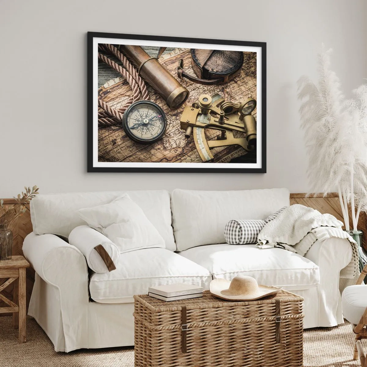 Poster in einem schwarzem Rahmen - Ein Kompass, ein Sextant und ein Teleskop vor dem Hintergrund einer alten Karte und eines Seeseils. - 70x50cm - Setze Sie einen Kurs - Moderne Wanddekoration für Wohnzimmer und Schlafzimmer ARTTOR