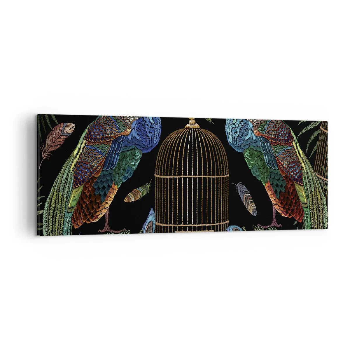 Bild auf Leinwand - Leinwandbild - Pfauen neben einem goldenen Käfig auf schwarzem Hintergrund - 140x50cm - In königlichen Gewändern - Moderne Wanddekoration für Wohnzimmer und Schlafzimmer ARTTOR