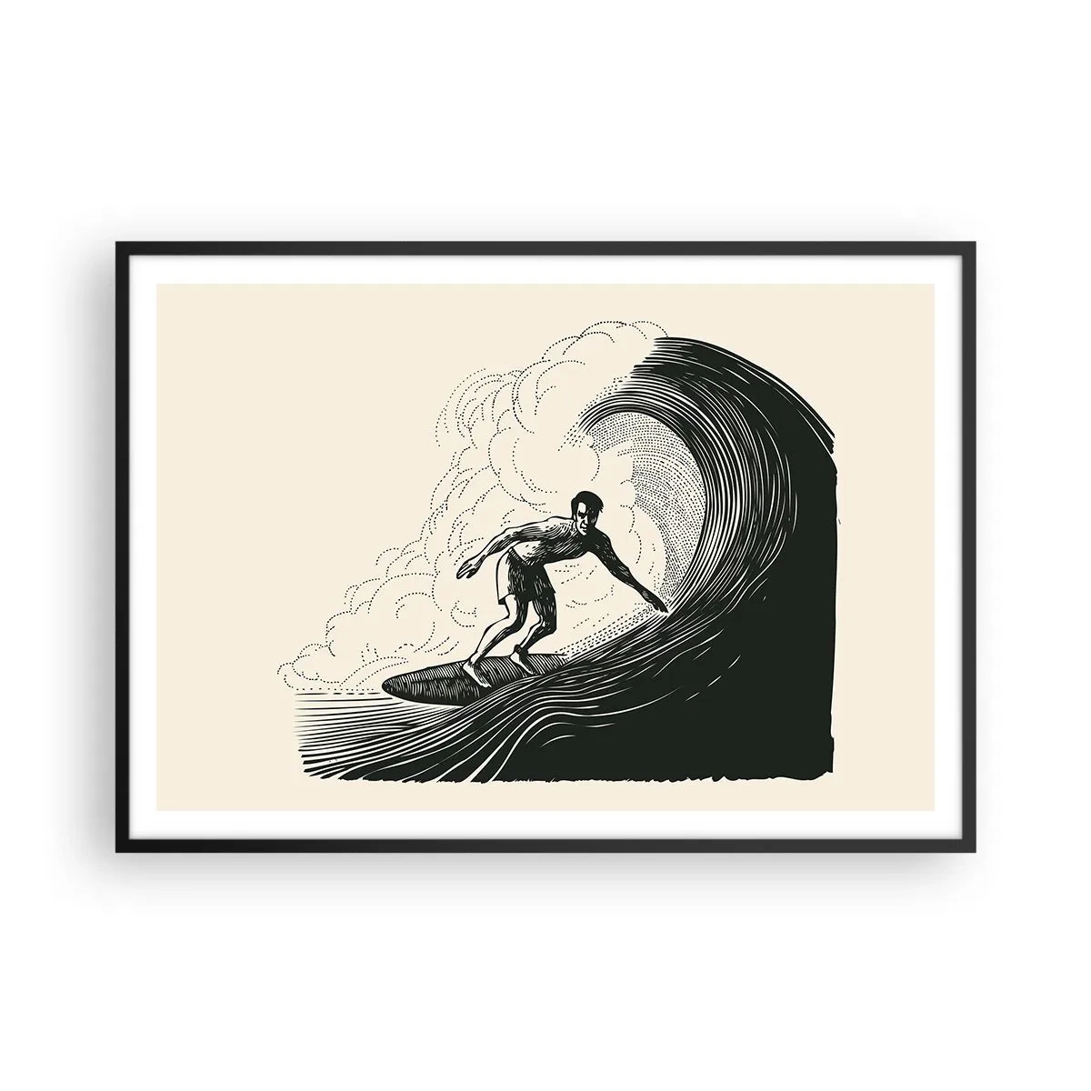 Poster in einem schwarzem Rahmen - Schwarz-Weiß-Grafik eines Surfers, der auf einer Welle reitet - 100x70cm - König der Welle - Moderne Wanddekoration für Wohnzimmer und Schlafzimmer ARTTOR