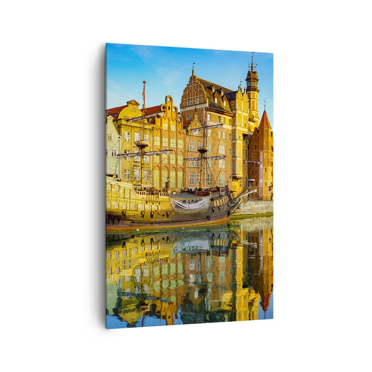 Bild auf Leinwand - Leinwandbild - Ein malerischer Blick auf die Altstadt mit einem Segelschiff und Wasser - 80x120cm - Ein Spiegelbild der Vergangenheit - Moderne Wanddekoration für Wohnzimmer und Schlafzimmer ARTTOR