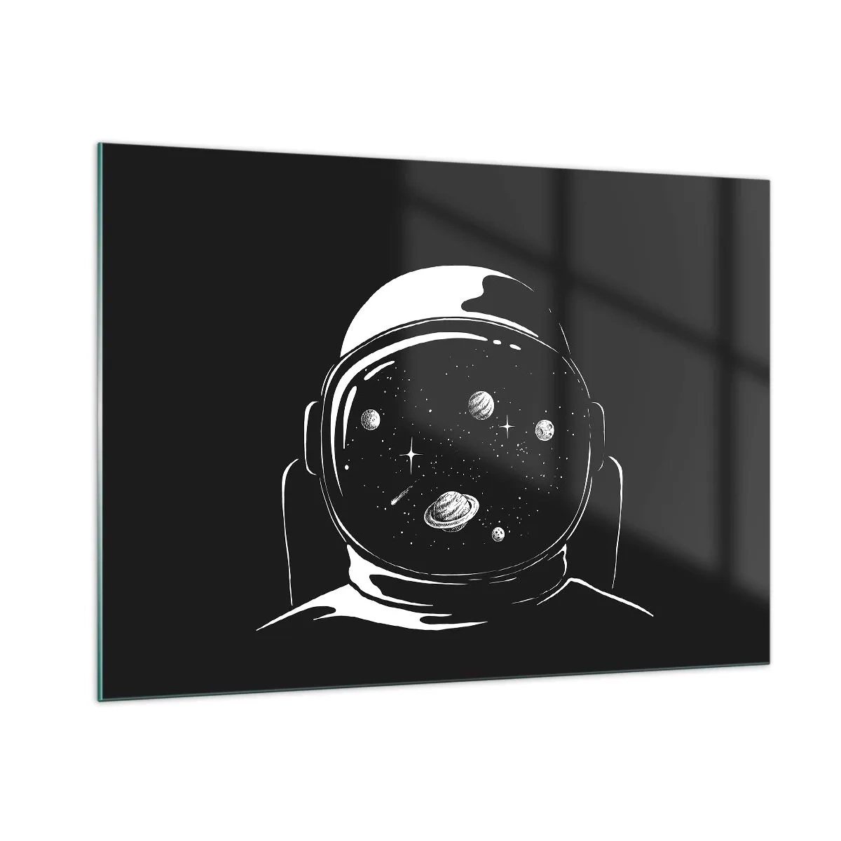 Glasbild - Bild auf glas - Astronaut mit Sternen und Planeten in seinem Helm auf schwarzem Hintergrund - 100x70cm - Schöne Aussicht - Moderne Wanddekoration für Wohnzimmer und Schlafzimmer ARTTOR