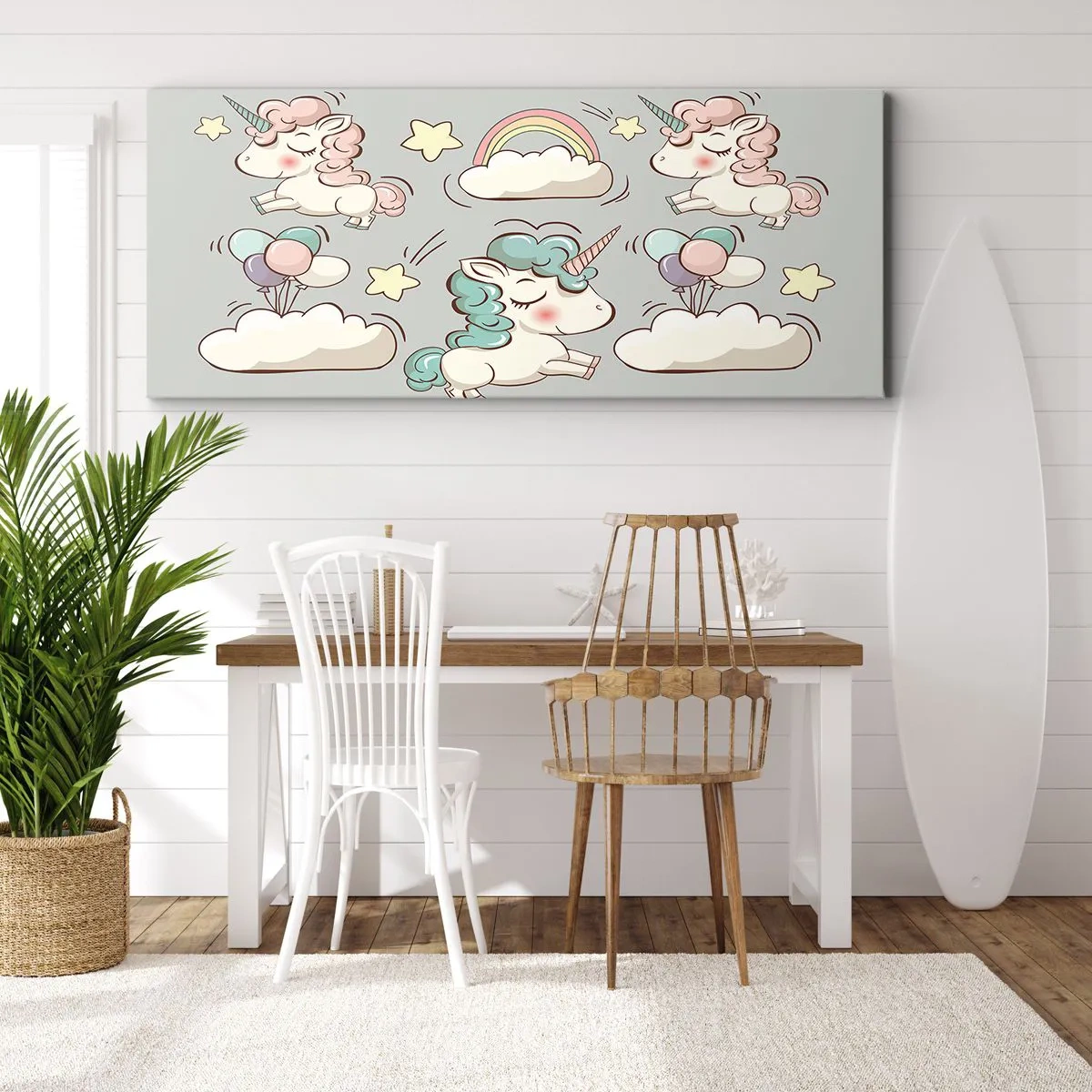 Bild auf Leinwand - Leinwandbild - Niedliche Einhörner auf pastellfarbenem Hintergrund - 120x50cm - Sicherlich gibt es... - Moderne Wanddekoration für Wohnzimmer und Schlafzimmer ARTTOR