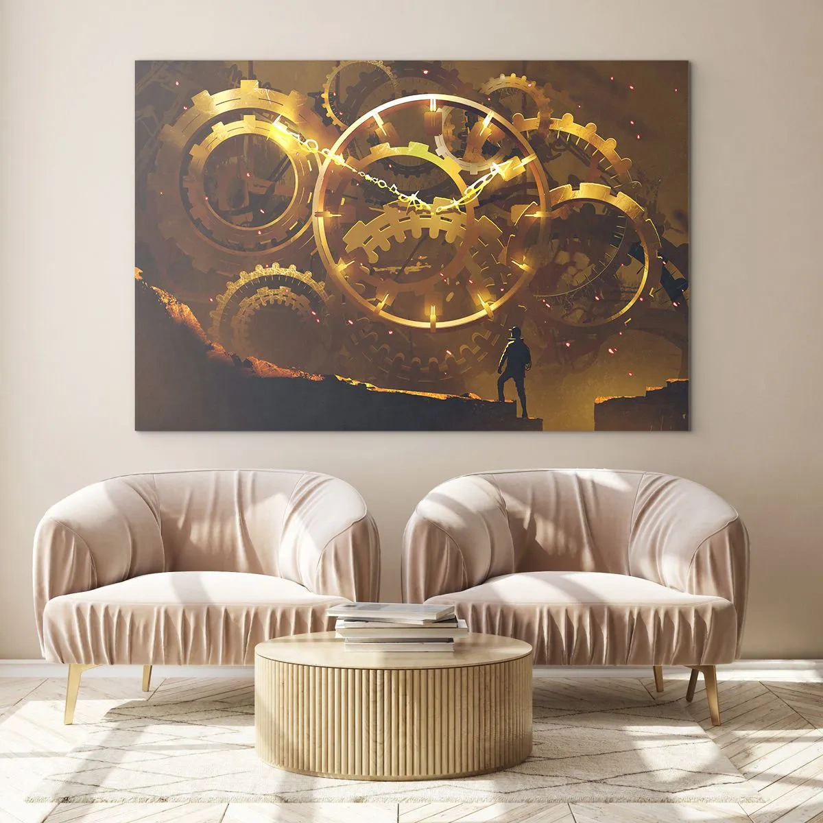 Glasbild - Bild auf glas - Goldene Steampunk-Zahnräder mit Hintergrundbeleuchtung vor einer menschlichen Silhouette - 100x70cm - An der Quelle der Zeit - Moderne Wanddekoration für Wohnzimmer und Schlafzimmer ARTTOR
