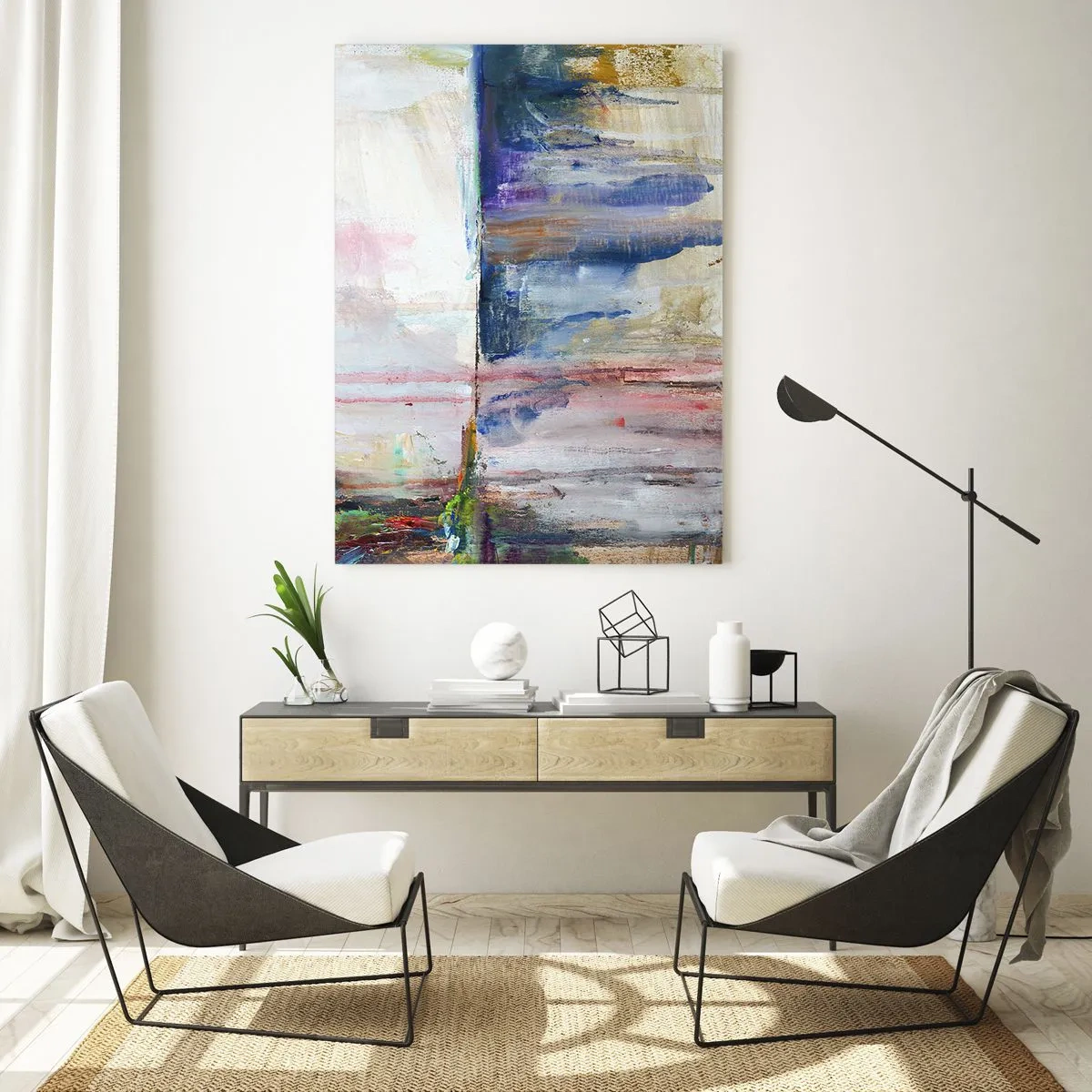 Glasbild - Bild auf glas - Eine farbenfrohe Abstraktion mit dynamischen Farbstreifen und Texturen. - 50x70cm - Bunte Eindrücke und Assoziationen - Moderne Wanddekoration für Wohnzimmer und Schlafzimmer ARTTOR