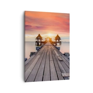Bild auf Leinwand - Leinwandbild - Holzsteg führt zu Pavillons bei Sonnenuntergang - 50x70cm - Westen im Osten - Moderne Wanddekoration für Wohnzimmer und Schlafzimmer ARTTOR