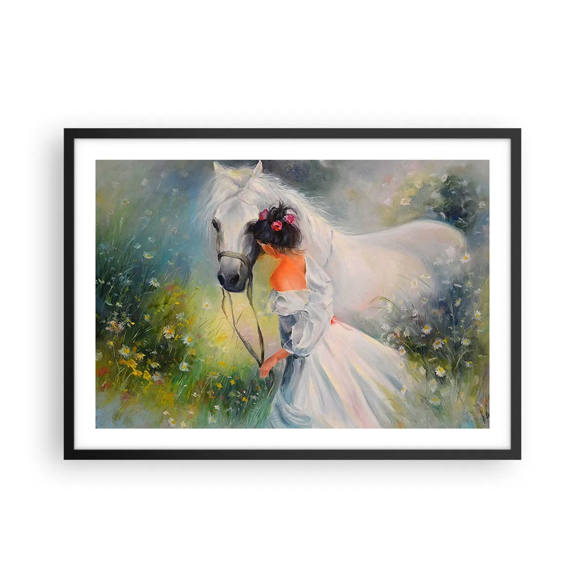 Poster in einem schwarzem Rahmen - Eine Frau mit einem weißen Pferd in einer malerischen Umgebung - 70x50cm - Wie aus einem schönen Traum - Moderne Wanddekoration für Wohnzimmer und Schlafzimmer ARTTOR