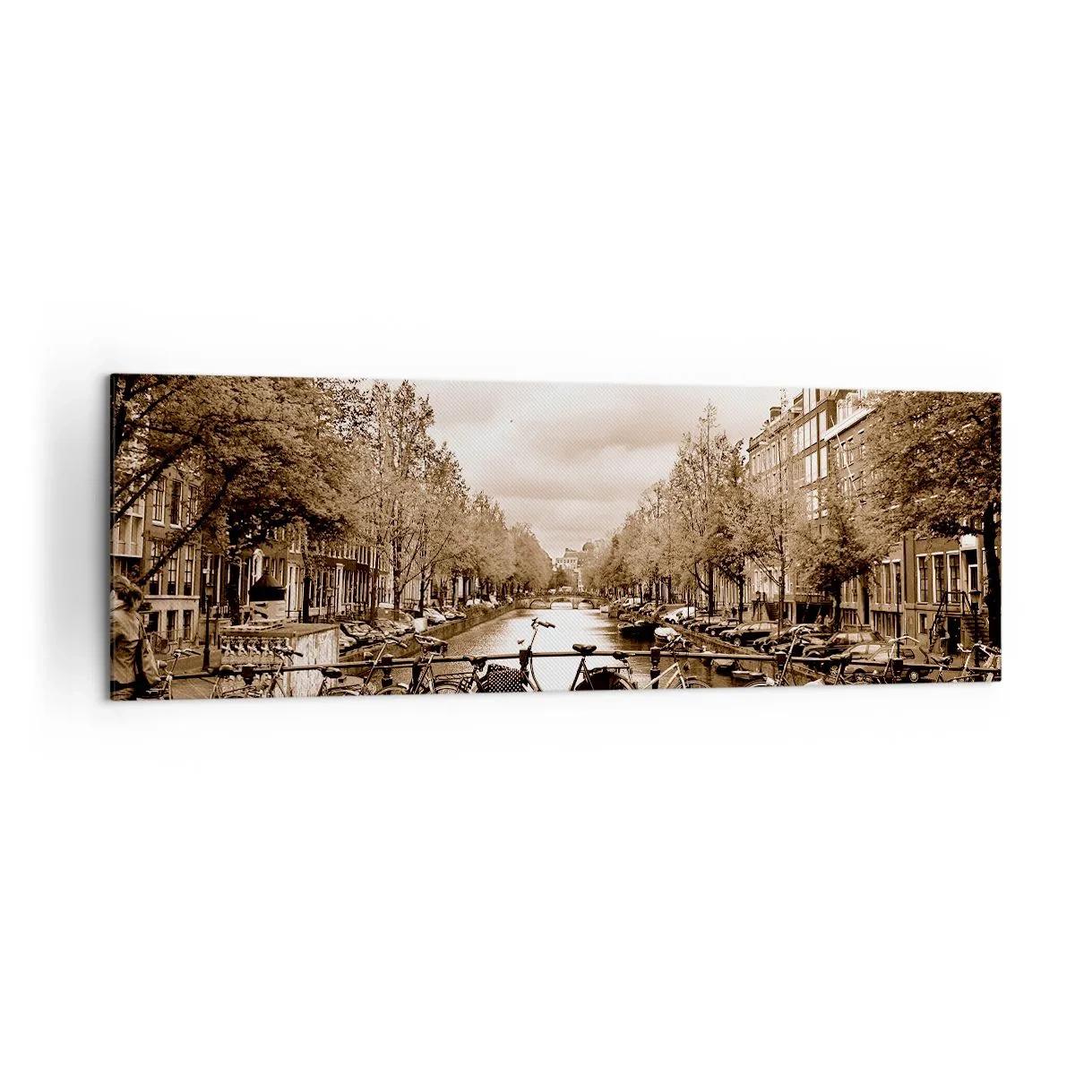 Bild auf Leinwand - Leinwandbild - Fahrradbrücke über den Kanal in Sepia - 160x50cm - Niederländische Atmosphäre - Moderne Wanddekoration für Wohnzimmer und Schlafzimmer ARTTOR