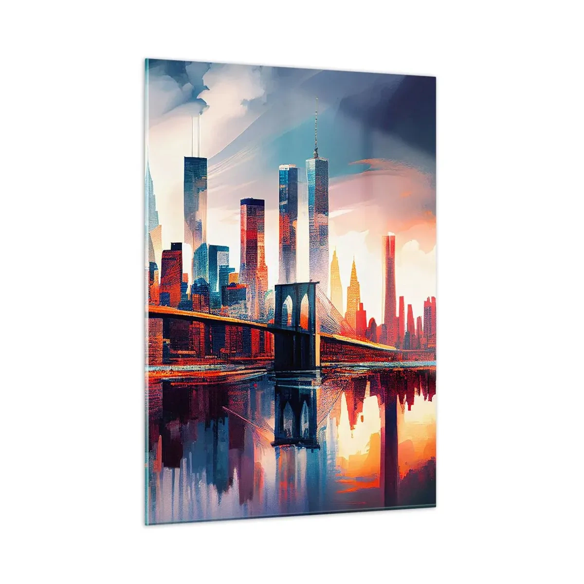 Glasbild - Bild auf glas - Panorama der Stadt mit einer Brücke vor dem bunten Himmel und Spiegelung im Wasser - 50x70cm - Traumhaftes New York - Moderne Wanddekoration für Wohnzimmer und Schlafzimmer ARTTOR