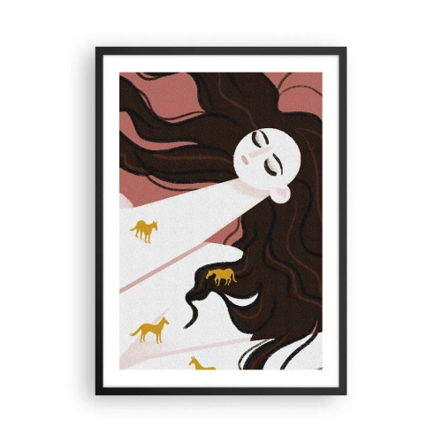 Poster in einem schwarzem Rahmen - Eine verträumte Frau mit langen Haaren und goldenen Pferden - 50x70cm - Traum von einem goldenen Pferd - Moderne Wanddekoration für Wohnzimmer und Schlafzimmer ARTTOR
