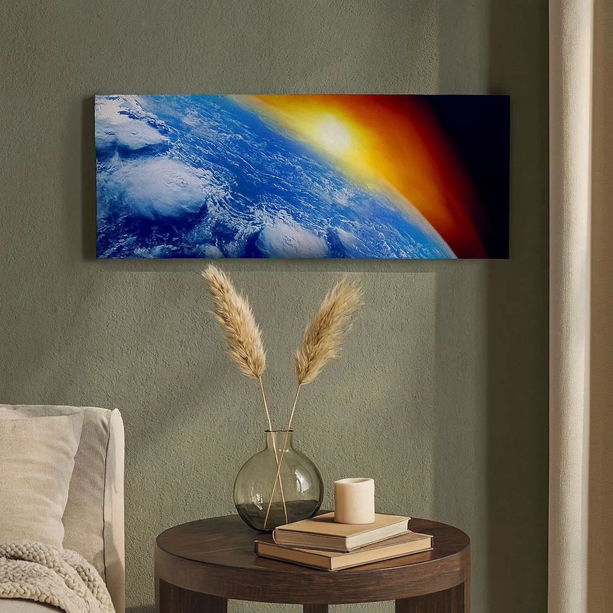Bild auf Leinwand - Leinwandbild - Sonnenaufgang über dem blauen Planeten - 100x40 cm