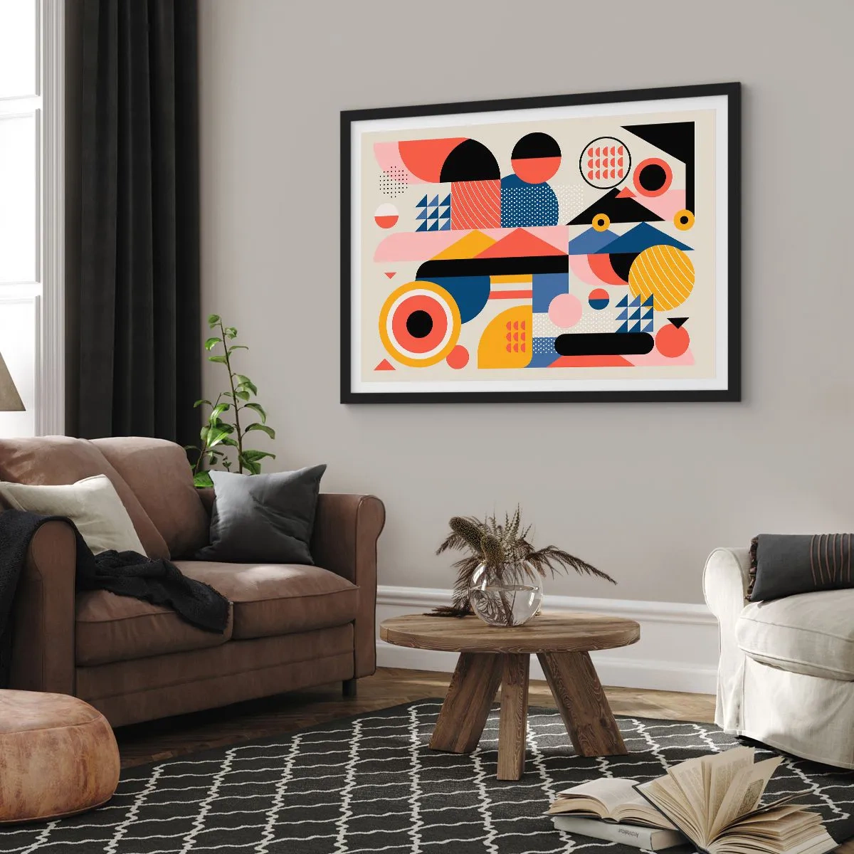 Poster in einem schwarzem Rahmen - Bunte geometrische Formen im Retro-Stil - 70x50cm - Komposition: Na, los, spiel! - Moderne Wanddekoration für Wohnzimmer und Schlafzimmer ARTTOR