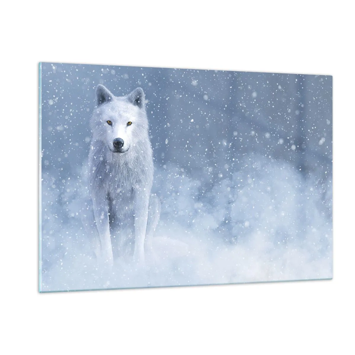 Glasbild - Bild auf glas - Ein weißer Wolf in einem Schneesturm, der geradeaus schaut - 120x80cm - In Winterstimmung - Moderne Wanddekoration für Wohnzimmer und Schlafzimmer ARTTOR