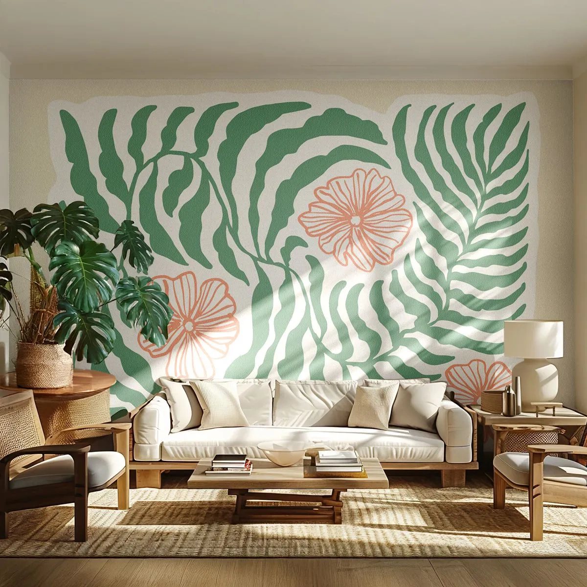 Maßgeschneiderte Fototapete Premium Sand - Aufgeblüht in Grün - Boho, Botanisch, Blumen