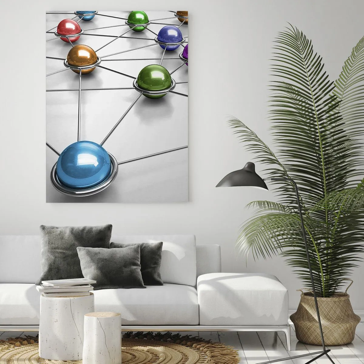 Glasbild - Bild auf glas - Bunte Kugeln, die durch dünne Linien auf weißem Hintergrund verbunden sind - 70x100cm - Kosmisches Spinnennetz - Moderne Wanddekoration für Wohnzimmer und Schlafzimmer ARTTOR