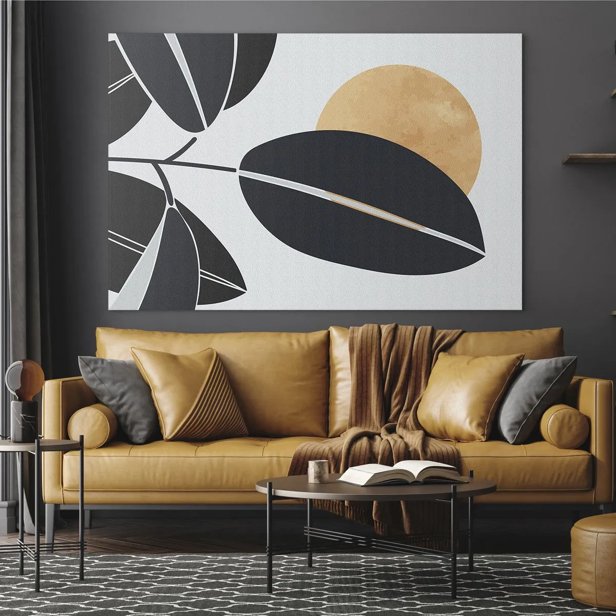 Glasbild - Bild auf glas - Stilisierte Blätter in Schwarz mit einer orangefarbenen Sonne im Hintergrund - 70x50cm - Heißer Sommertag - Moderne Wanddekoration für Wohnzimmer und Schlafzimmer ARTTOR