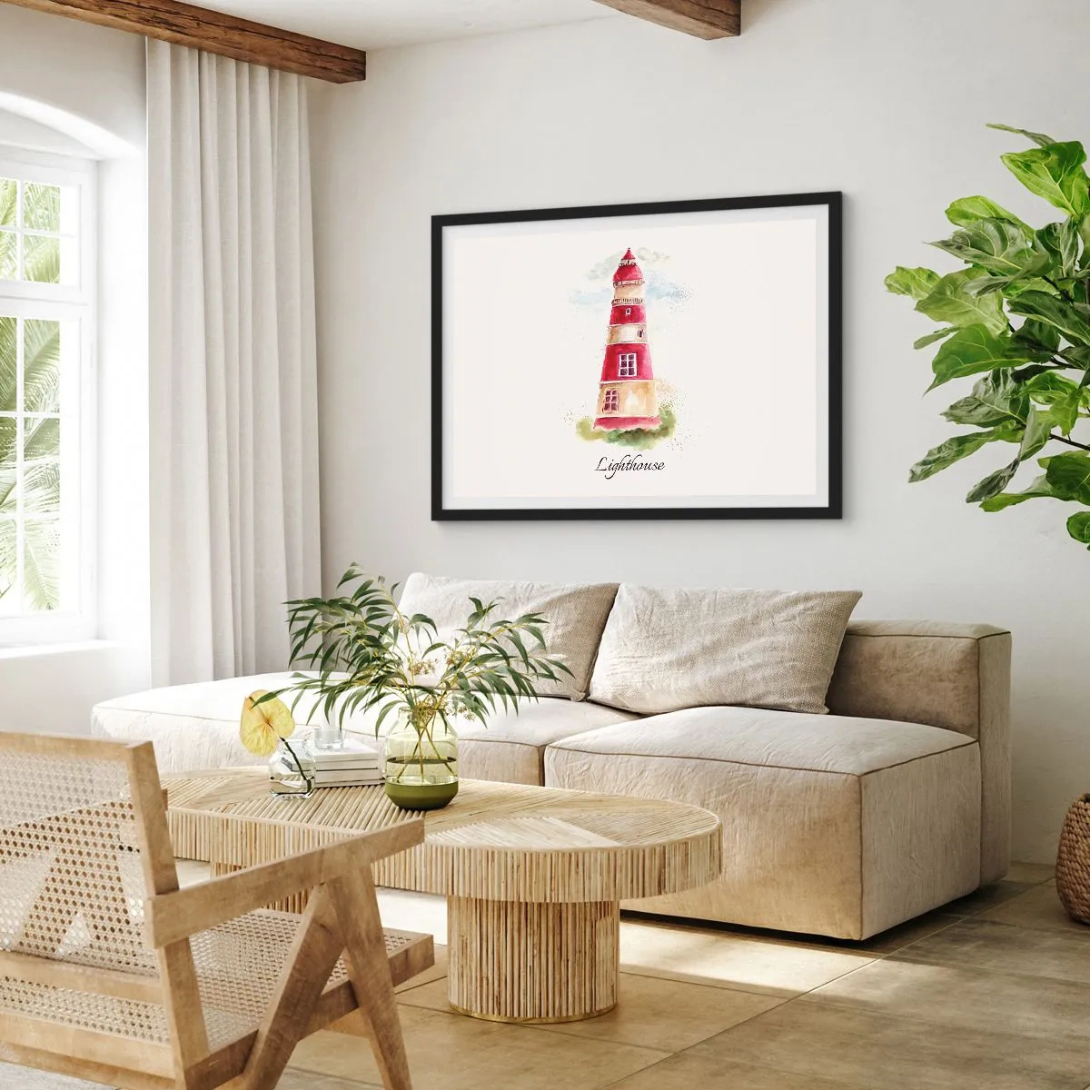 Poster in einem schwarzem Rahmen - Ein Aquarell eines Leuchtturms auf hellem Hintergrund mit einer Inschrift - 70x50cm - Das Wetter ringsum ist immer gut - Moderne Wanddekoration für Wohnzimmer und Schlafzimmer ARTTOR