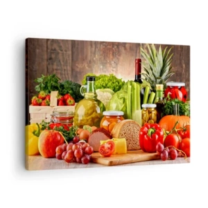 Bild auf Leinwand - Leinwandbild - Buntes Obst, Gemüse und Lebensmittel - 70x50cm - Geräuchert, gebacken und eingelegt - Moderne Wanddekoration für Wohnzimmer und Schlafzimmer ARTTOR