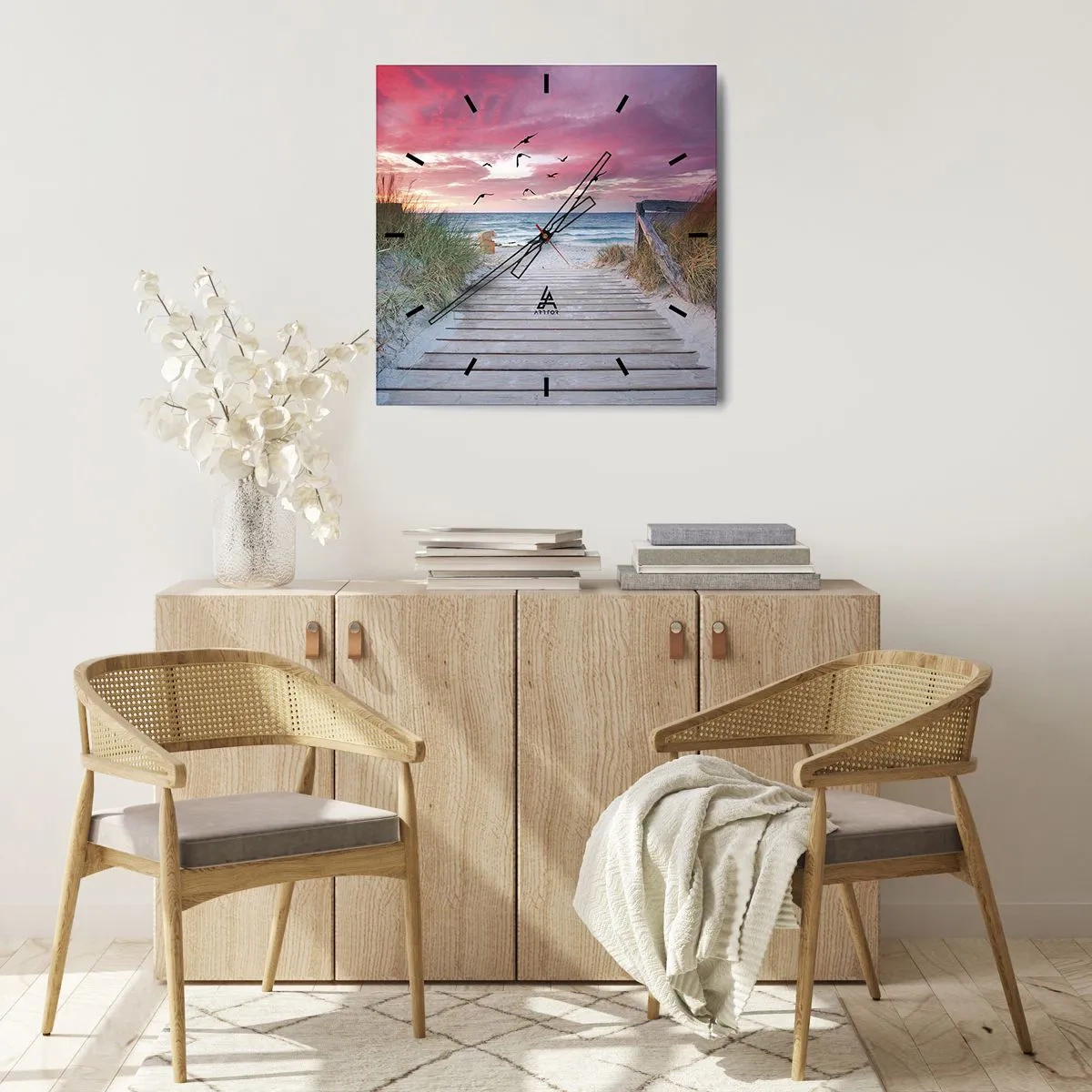 Wanduhr - Glasuhr - Holzweg am Strand bei rosa Sonnenuntergang - 30x30cm - Baltischer Eindruck - Moderne Wanddekoration für Wohnzimmer und Schlafzimmer ARTTOR