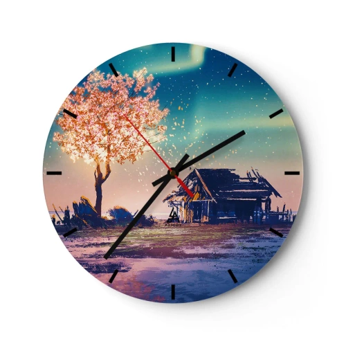Wanduhr - Glasuhr - Baum und Hütte in der Abenddämmerung - 30x30cm - Die Natur vergeht nicht - Moderne Wanddekoration für Wohnzimmer, Küche und Schlafzimmer ARTTOR