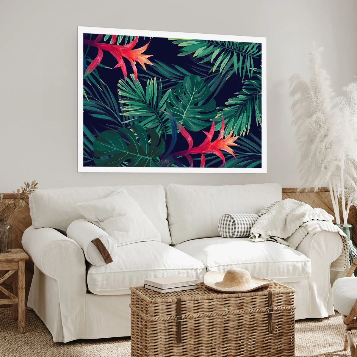 Poster - Tropische Blätter und Blüten auf dunklem Hintergrund - 100x70cm - Im Grünen in Flammen gehen - Moderne Wanddekoration für Wohnzimmer und Schlafzimmer ARTTOR