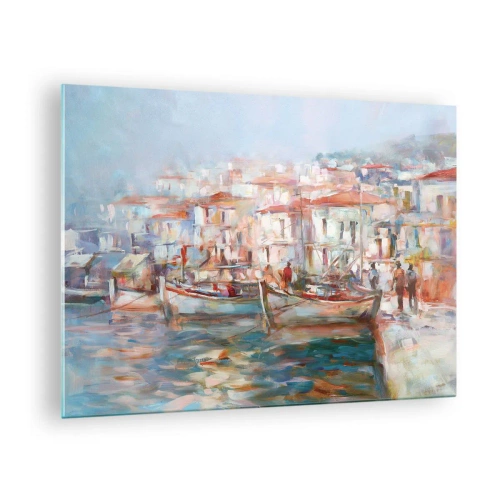 Glasbild - Bild auf glas - Ein malerischer Hafen mit Booten in Pastellfarben - 70x50cm - Pastell-Sommerferien - Moderne Wanddekoration für Wohnzimmer und Schlafzimmer ARTTOR