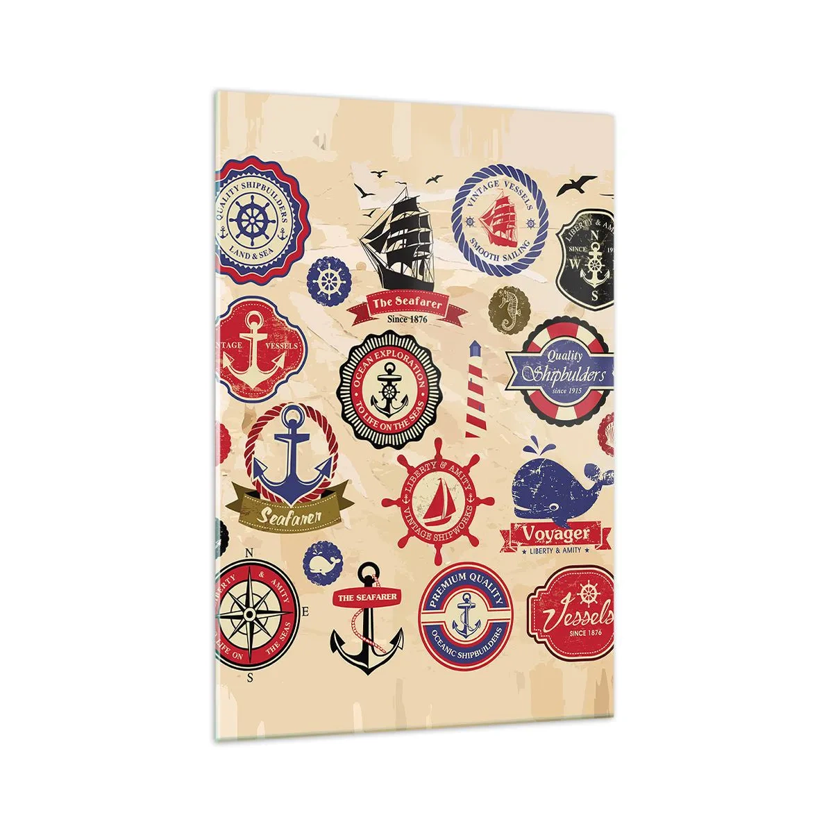 Glasbild - Bild auf glas - Eine Sammlung nautischer Grafiken und Symbole auf hellem Hintergrund - 70x100cm - Segelbruderschaft - Moderne Wanddekoration für Wohnzimmer und Schlafzimmer ARTTOR