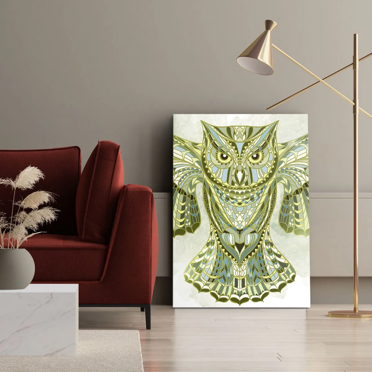 Bild auf Leinwand - Leinwandbild - Dekorative Eule in Blautönen - 50x70cm - Aus einem keltischen heiligen Hain - Moderne Wanddekoration für Wohnzimmer und Schlafzimmer ARTTOR