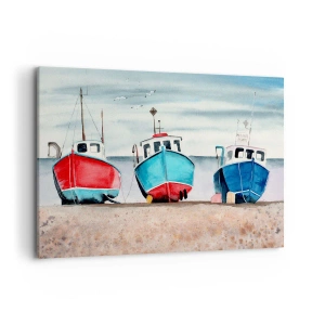 Bild auf Leinwand - Leinwandbild - Bunte Fischerboote am Ufer in einer Meereslandschaft - 120x80cm - Bereit zum Fang - Moderne Wanddekoration für Wohnzimmer und Schlafzimmer ARTTOR