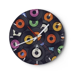 Wanduhr - Glasuhr - Bunte Vinyl-Schallplatten in kunstvollem Arrangement - 30x30cm - Farben der Klassiker - Moderne Wanddekoration für Wohnzimmer, Küche und Schlafzimmer ARTTOR