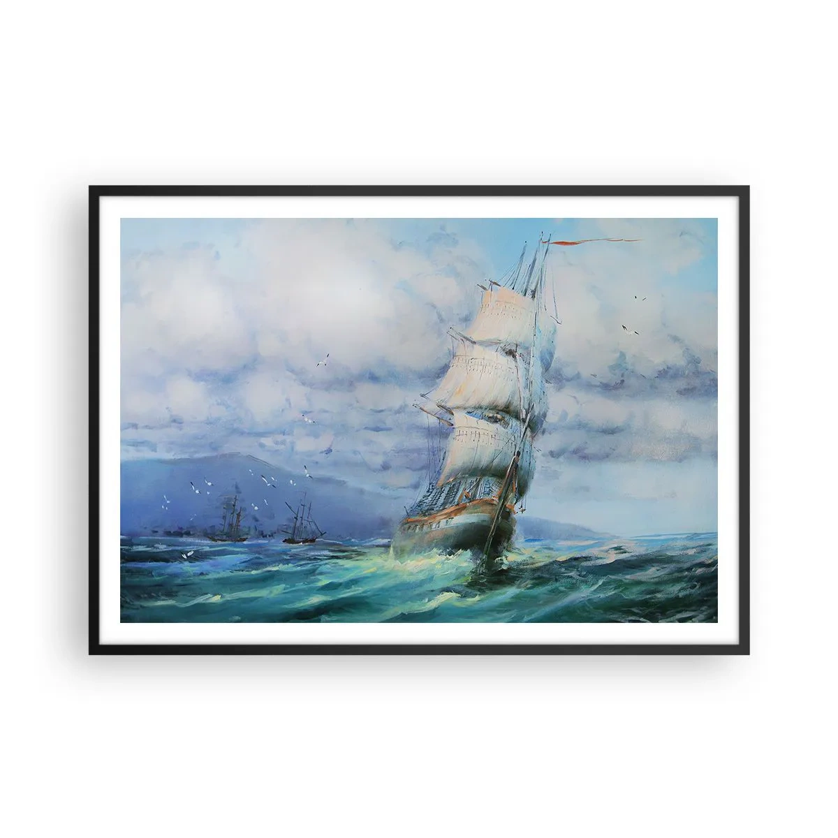 Poster in einem schwarzem Rahmen - Ein Schiff auf stürmischer See - 100x70cm - Guter Wind - Moderne Wanddekoration für Wohnzimmer und Schlafzimmer ARTTOR