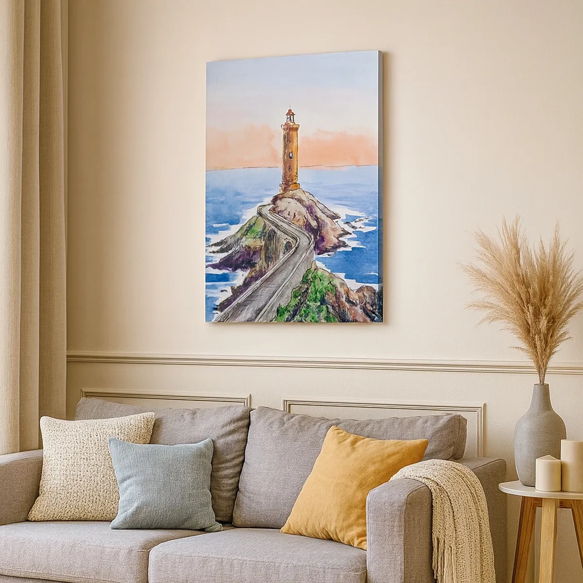 Bild auf Leinwand - Leinwandbild - Ein Leuchtturm an einer felsigen Küste - 50x70cm - Dem Meer zugewandt - Moderne Wanddekoration für Wohnzimmer und Schlafzimmer ARTTOR