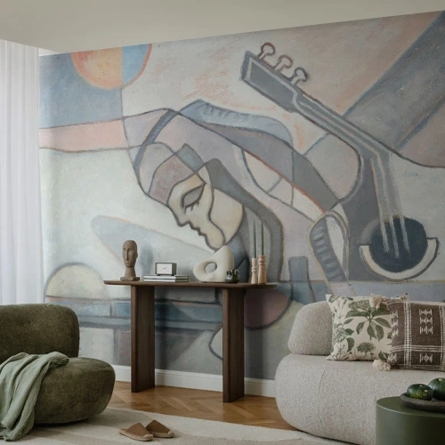 Fototapete Premium Canvas - Eine abstrakte Figur mit einer Gitarre in Pastellfarben. - 100x70cm - In der Kraft der Musik - Moderne Wanddekoration für Wohnzimmer und Schlafzimmer ARTTOR