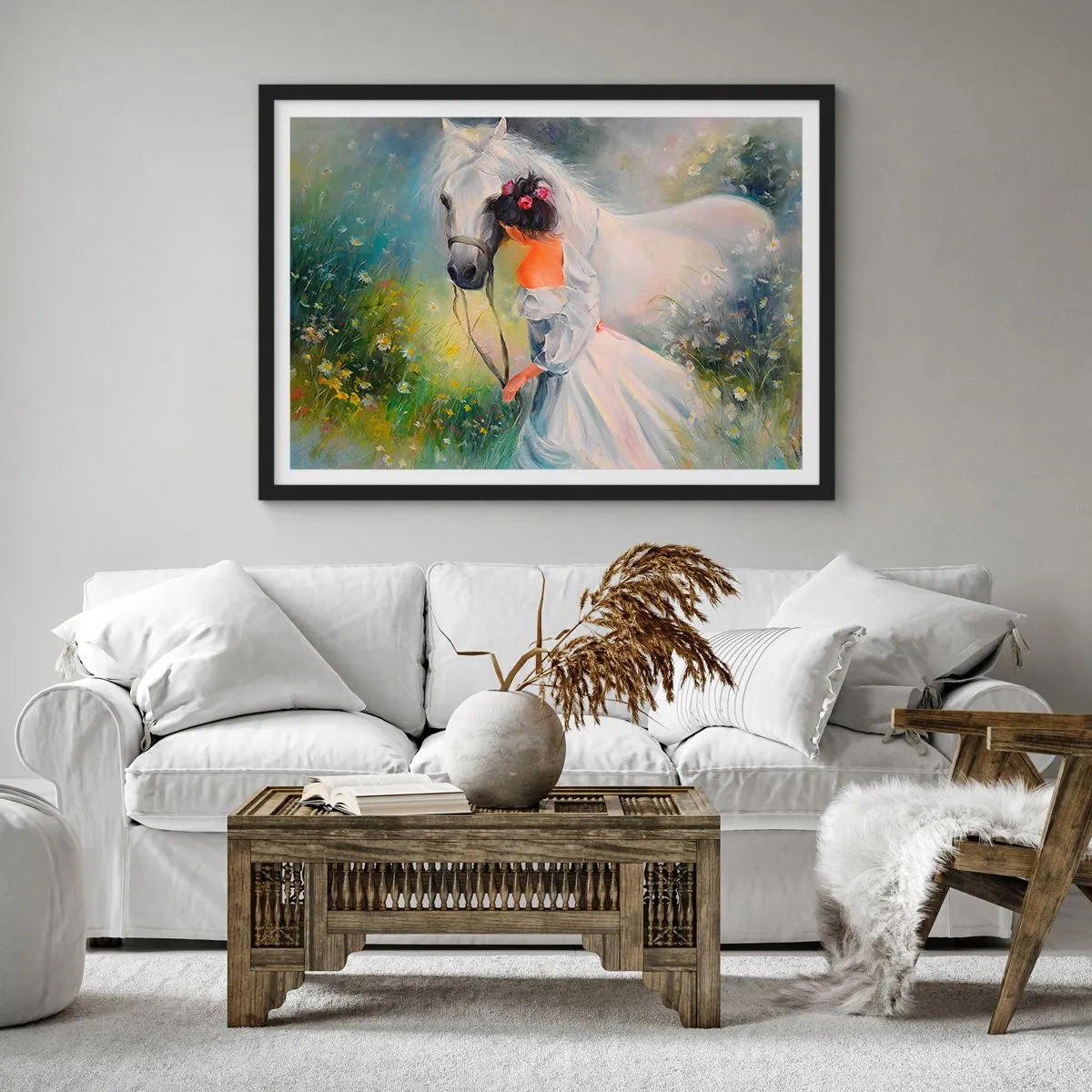 Poster in einem schwarzem Rahmen - Eine Frau mit einem weißen Pferd in einer malerischen Umgebung - 70x50cm - Wie aus einem schönen Traum - Moderne Wanddekoration für Wohnzimmer und Schlafzimmer ARTTOR