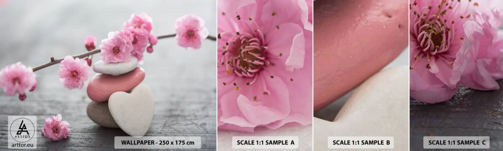 Fototapeten Muster Selbstklebend Deluxe Sticker - Glückseligkeit mit einer Kirschblüte - Herz, Blume, Steine - 100x30 cm