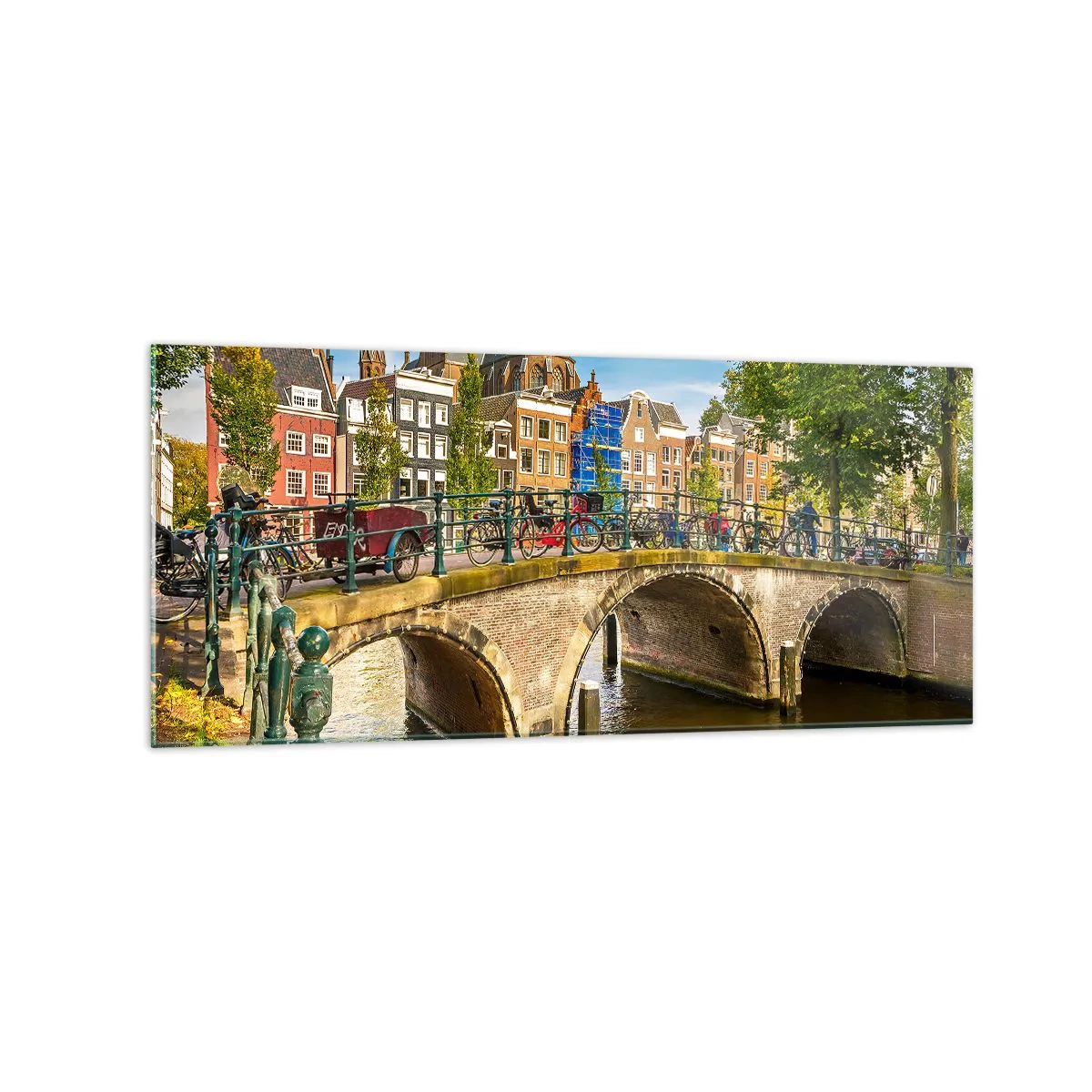Glasbild - Bild auf glas - Ein malerischer Kanal mit einer Brücke in Amsterdam - 120x50cm - Frühling am Kanal - Moderne Wanddekoration für Wohnzimmer und Schlafzimmer ARTTOR