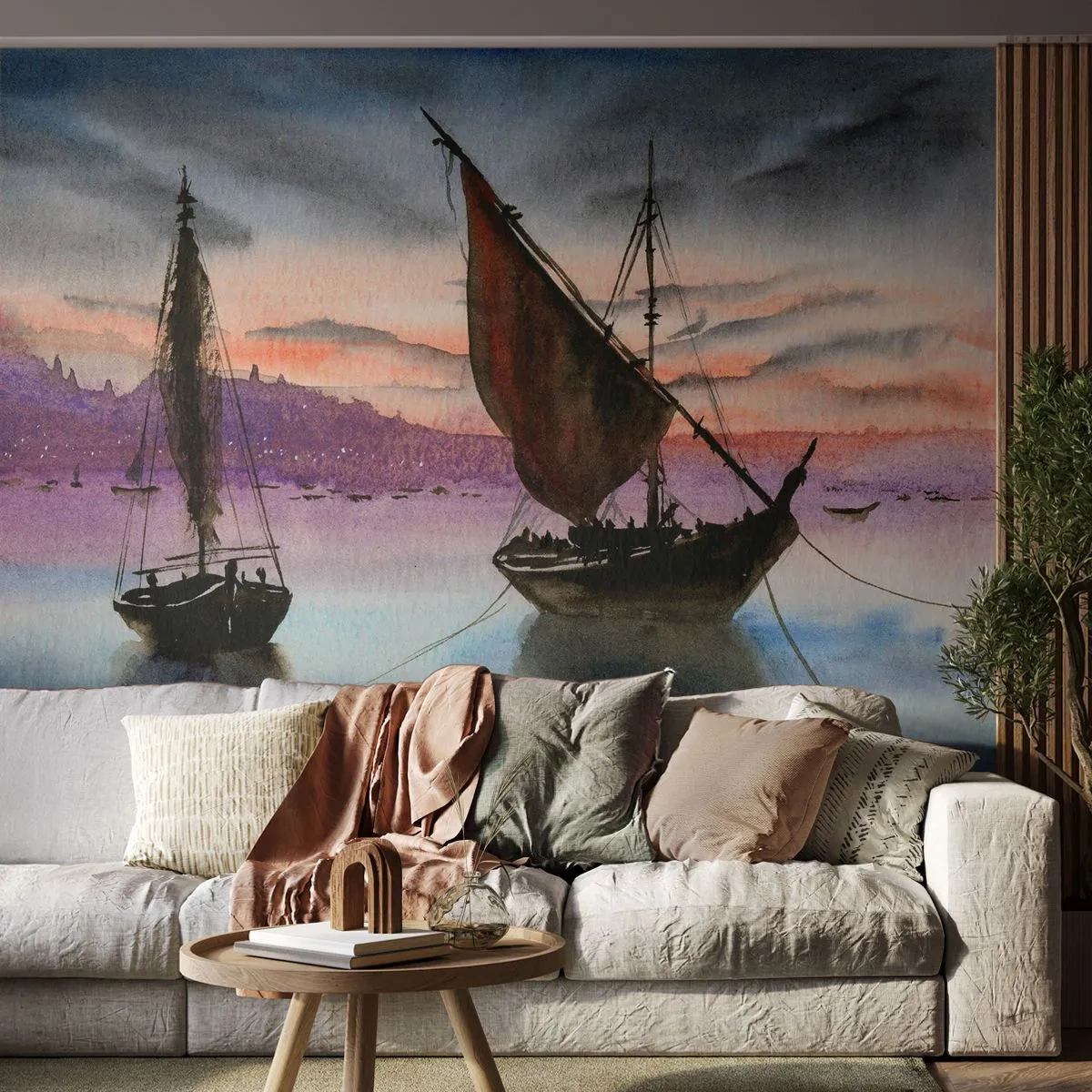 Fototapete Premium Sand - Malerische Segelboote vor der Kulisse der untergehenden Sonne - 100x70cm - Abend am Hafen - Moderne Wanddekoration für Wohnzimmer und Schlafzimmer ARTTOR