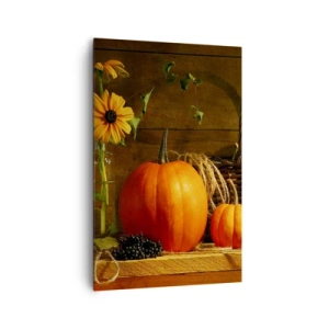 Bild auf Leinwand - Leinwandbild - Herbstkomposition mit Kürbissen und Blumen auf Holzhintergrund - 80x120cm - Eine rustikale Komposition - Geschenke des Herbstes - Moderne Wanddekoration für Wohnzimmer und Schlafzimmer ARTTOR