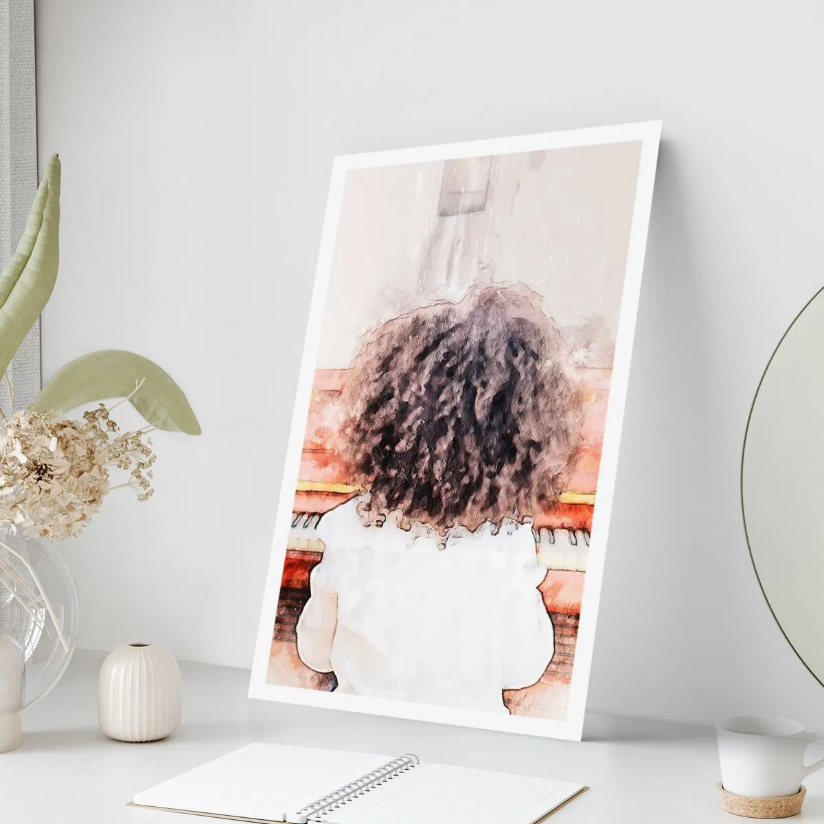 Poster - Ein Kind mit üppigen Locken spielt Klavier im Aquarellstil - 50x70cm - In der neuen Welt - Moderne Wanddekoration für Wohnzimmer und Schlafzimmer ARTTOR