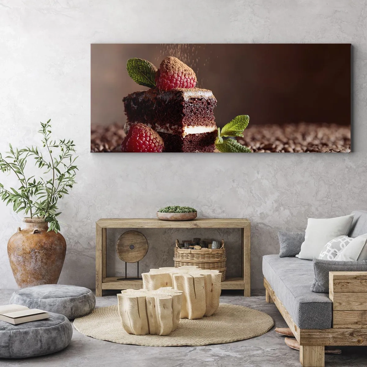 Bild auf Leinwand - Leinwandbild - Schokoladenkuchen mit Himbeeren und Minze auf einem Hintergrund aus Kakaobohnen - 160x50cm - Das Leben ist süß - Moderne Wanddekoration für Wohnzimmer und Schlafzimmer ARTTOR