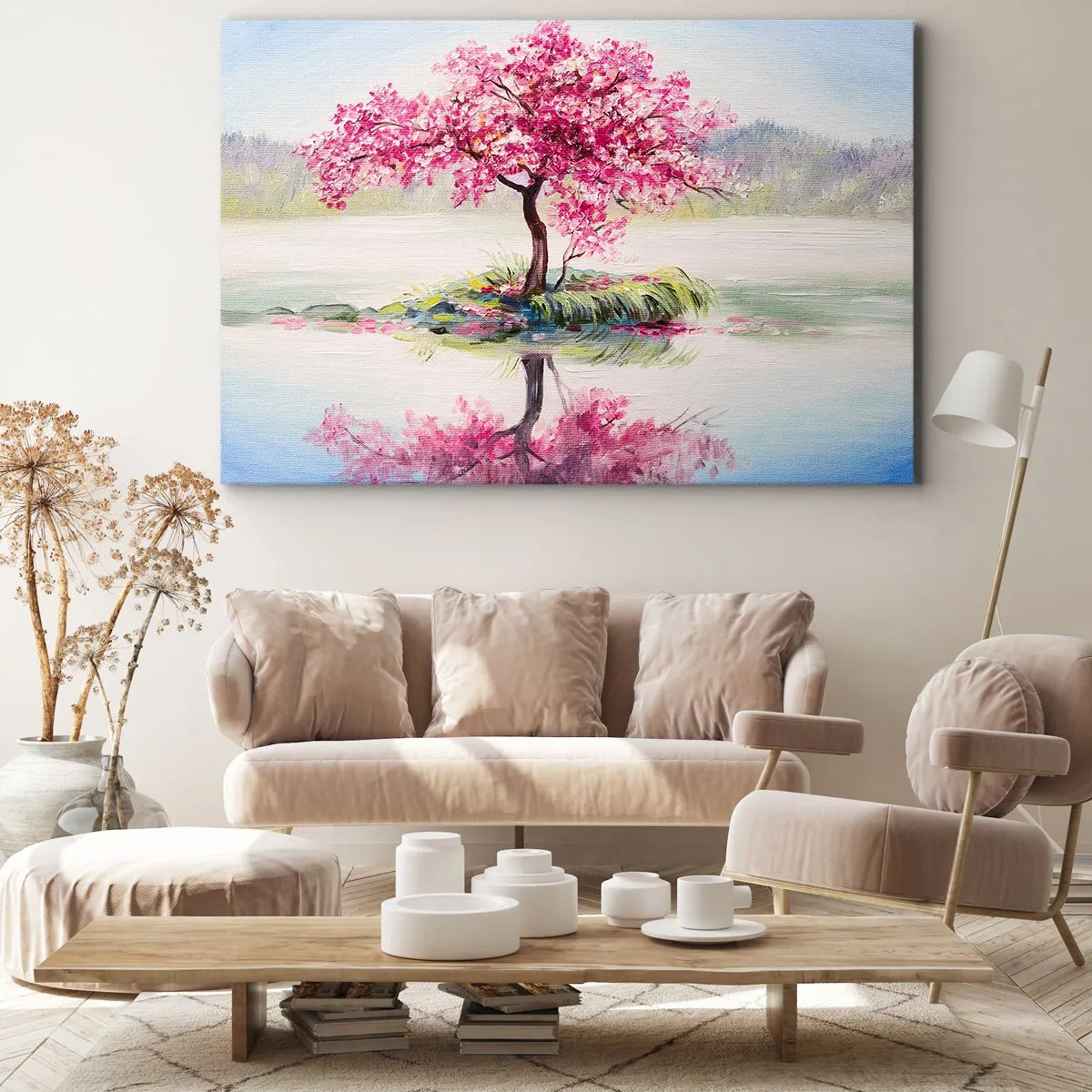 Bild auf Leinwand - Leinwandbild - Ein blühender Baum auf stillem Wasser - 120x80cm - Der Ritus des Frühlings - Moderne Wanddekoration für Wohnzimmer und Schlafzimmer ARTTOR